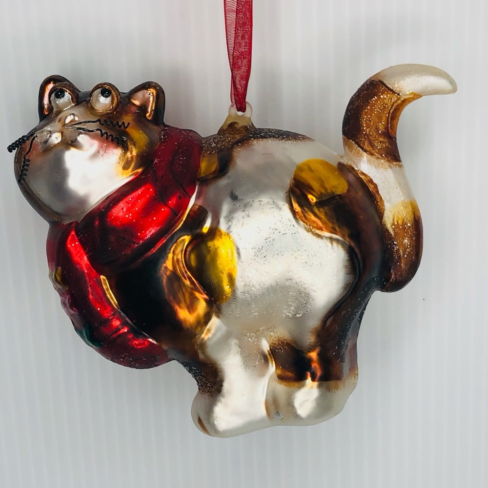 Blown Glass Ornament Fat Cat Calico with Wire Whiskers in Red Scarf Christmas